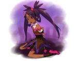  1girl absurdres armlet arms_behind_back bare_shoulders bdsm blush bondage bound brown_dress brown_socks commentary_request dark-skinned_female dark_skin dress eyelashes full_body hair_rings hairband highres iris_(fall_2022)_(pokemon) iris_(pokemon) kumo_no_ito long_hair official_alternate_costume open_mouth pink_footwear pokemon pokemon_(game) pokemon_masters_ex shoes sleeveless sleeveless_dress socks solo tied_up_(nonsexual) twintails 