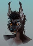  absurd_res anthro artist_name black_body black_eyebrows black_fur black_hair black_nose black_sclera bust_portrait canid cheek_tuft ear_tuft eyebrows eyelashes facial_tuft female front_view fur gradient_background grey_body grey_fur grey_inner_ear_fluff hair hi_res inner_ear_fluff mammal marie_merkh mouth_closed portrait short_hair signature simple_background solo tuft unusual_eyes 