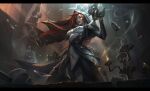  1girl absurdres black_pants candle candlestand green_eyes highres hood league_of_legends letterboxed long_hair looking_at_viewer miss_fortune_(league_of_legends) pants red_hair smoke zhangzihan 