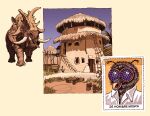 africa alanbunce animal bug building doodles english_commentary english_text fly highres house ladder no_humans original palm_tree postage_stamp prehistoric_animal simple_background tree tusks 