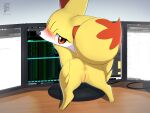  absurd_res anus blush butt computer english_text eryz female fennekin feral generation_6_pokemon genitals hi_res looking_at_viewer nintendo open_mouth pokemon pokemon_(species) pussy red_eyes solo tail text yellow_body 