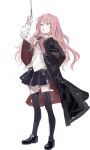  1girl absurdres bangs black_footwear black_jacket black_skirt black_thighhighs brown_eyes collared_shirt full_body hand_on_hip highres holding holding_wand ikuhana_niiro jacket long_hair louise_francoise_le_blanc_de_la_valliere neck_ribbon open_mouth pink_hair red_ribbon ribbon shirt shoes skirt solo thighhighs wand white_background white_shirt zero_no_tsukaima 