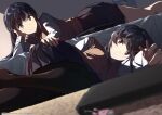 2girls black_eyes black_hair black_pantyhose black_skirt blurry brown_sweater_vest closed_mouth collared_shirt dated depth_of_field feet_out_of_frame head_rest highres indoors long_hair long_sleeves looking_at_viewer lying makinohara_shouko multiple_girls necktie no_shoes on_bed on_floor on_side pantyhose pleated_skirt poster_(object) raiz_art_works red_necktie sakurajima_mai seishun_buta_yarou shirt skirt smile sweater_vest white_shirt 