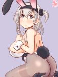  1girl animal_ears ass black_headband bow bowtie breasts brown_pantyhose covered_navel detached_collar fake_animal_ears grey_hair hachimaki headband high_heels kanon_(kurogane_knights) kantai_collection large_breasts leotard long_hair looking_at_viewer one-hour_drawing_challenge one_side_up pantyhose playboy_bunny rabbit_ears rabbit_tail sitting solo strapless strapless_leotard suzutsuki_(kancolle) tail traditional_bowtie wariza white_headband white_leotard wrist_cuffs 