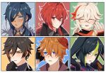  6+boys animal_ears bangs black_gloves black_hair blue_eyes blue_hair brown_hair cape coat diluc_(genshin_impact) earrings eyepatch fox_ears fur-trimmed_cape fur_trim genshin_impact gloves green_eyes green_hair hair_between_eyes highres jacket japanese_clothes jewelry kaedehara_kazuha kaeya_(genshin_impact) long_hair male_focus mask mask_on_head multicolored_hair multiple_boys open_mouth orange_eyes orange_hair red_eyes red_hair red_mask single_earring streaked_hair tartaglia_(genshin_impact) tighnari_(genshin_impact) waving white_hair yuu_(mboj_fdk) zhongli_(genshin_impact) 