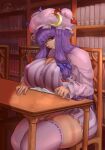  1girl absurdres breast_rest breasts chair cleavage covered_nipples crescent crescent_hat_ornament desk hat hat_ornament highres huge_breasts long_hair ourobot patchouli_knowledge plump purple_eyes purple_hair sitting solo thick_thighs thighhighs thighs touhou 