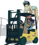  2girls beer_can black_hair blush breasts can chainsaw_man cleavage closed_eyes clothes_hanger drooling drunk eyepatch eyewear_on_head forklift grey_panties grey_tank_top highres himeno_(chainsaw_man) holding holding_can katsuragi_misato large_breasts leaning_forward liowig looking_to_the_side medium_hair mouth_drool multiple_girls neon_genesis_evangelion open_mouth panties purple_hair short_hair smile sunglasses tank_top underwear yellow_tank_top 