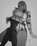  1boy 1girl absurdres armor ass breastplate breasts chainmail greyscale hetero highres hug knight large_breasts long_sleeves looking_at_another medieval medium_hair monochrome nipples original plate_armor pubic_hair vaginal wassnonnam 