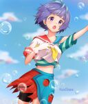  1girl :o arm_up artist_name bike_shorts blue_hair blue_skirt blue_sky bubble bubble_(anime) cure10mama day gloves highres midriff multicolored_hair outdoors purple_eyes purple_hair red_skirt single_glove skirt sky solo standing two-tone_hair uta_(bubble) white_gloves 