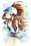  1girl alternate_color alternate_hair_length alternate_hairstyle antenna_hair aqua_shorts arms_behind_back bare_arms baseball_cap big_hair black_vest blue_eyes blue_shorts brown_hair denim denim_shorts gradient_background grin hat highres hilda_(pokemon) leaning long_hair looking_at_viewer pokemon pokemon_(game) pokemon_bw shirt short_shorts shorts sidelocks sleeveless sleeveless_shirt smile solo very_long_hair vest white_shirt yomogi_(black-elf) 