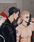  19_tian 2boys abs black_hair blonde_hair body_markings ear_chain earrings he_tian jewelry male_focus mo_guan_shan multiple_boys muscular muscular_male nipples old_xian pectorals profile short_hair single_earring sunglasses tattoo topless_male upper_body 