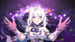  1girl :d ahoge bangs bare_shoulders blue_eyes circlet dress gloves gou_lianlian_dogface highres honkai_(series) honkai_impact_3rd kiana_kaslana kiana_kaslana_(herrscher_of_finality) long_hair looking_at_viewer open_mouth purple_gloves smile solo upper_body very_long_hair white_dress white_hair 