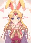  1girl :o animal_ears armor bangs blonde_hair blue_eyes blush blush_stickers bracer cape circlet closed_eyes commentary covered_mouth dress earrings easter easter_egg egg english_commentary eyelashes fake_animal_ears forehead_jewel gem hair_ornament hands_up happy_easter holding hoop_earrings jewelry kirby kirby_(series) long_hair looking_at_viewer miri_(cherryjelly) open_mouth parted_bangs pennant pink_dress pointy_ears princess_zelda rabbit_ears red_gemstone short_sleeves shoulder_armor sidelocks simple_background string_of_flags super_smash_bros. the_legend_of_zelda the_legend_of_zelda:_a_link_between_worlds triforce_earrings upper_body white_cape white_dress 