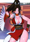  1girl akisu_k bangs bare_shoulders breasts brown_eyes brown_hair cleavage commentary_request fatal_fury hand_fan hand_on_hip high_ponytail japanese_clothes large_breasts long_hair looking_at_viewer ninja pelvic_curtain ponytail revealing_clothes shiranui_mai smile solo the_king_of_fighters thighs 