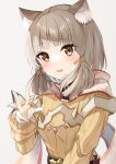  1girl absurdres animal_ear_fluff animal_ears bodysuit cat_ears cat_girl gloves grey_hair hair_ribbon hand_up highres kaede_(maple4rt) long_sleeves looking_at_viewer nia_(xenoblade) open_mouth puffy_long_sleeves puffy_sleeves ribbed_bodysuit ribbon short_hair smile solo upper_body white_gloves xenoblade_chronicles_(series) xenoblade_chronicles_2 yellow_bodysuit yellow_eyes yellow_ribbon 