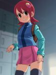  1girl ass_visible_through_thighs backpack bag bangs black_eyes black_thighhighs blurry blurry_background blush contrapposto hair_ornament long_sleeves looking_at_viewer mayl_sakurai_(mega_man) mega_man_(series) mega_man_battle_network pink_hair pink_skirt shoe_locker skirt smile solo stupa13a tareme thighhighs 