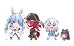  4girls animal_ears bangs black_coat blue_eyes blue_hair blunt_bangs braid carrot_hair_ornament coat cropped_jacket dasdokter don-chan_(usada_pekora) extra_ears fins fish_tail food-themed_hair_ornament fur-trimmed_coat fur_scarf fur_trim gawr_gura gradient_hair hair_ornament highres hololive hololive_english houshou_marine leotard leotard_under_clothes long_hair multicolored_hair multiple_girls ninomae_ina&#039;nis orange_hair parted_hair pointy_ears purple_hair rabbit rabbit_ears scarf shark_girl shark_tail sharp_teeth short_eyebrows sidelocks skirt swept_bangs tail teeth tentacle_hair thick_eyebrows thighhighs twin_braids twintails two-tone_hair usada_pekora very_long_hair virtual_youtuber white_background white_coat white_hair white_scarf 