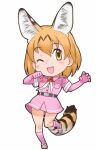  1girl animal_ears belt blonde_hair bow bowtie cat_ears cat_girl cat_tail elbow_gloves extra_ears gloves highres kemono_friends looking_at_viewer official_art one_eye_closed open_mouth serval_(kemono_friends) shirt shoes short_hair simple_background skirt socks solo tail yellow_eyes yoshizaki_mine 