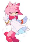  1girl alternate_costume amy_rose animal_ears animal_nose blush bracelet closed_eyes commentary_request dress eyelashes full_body furry furry_female gloves gold_bracelet hairband hands_up hedgehog_ears hedgehog_girl hedgehog_tail highres jewelry korean_commentary long_sleeves pink_footwear pink_fur pink_hairband pink_shirt puffy_short_sleeves puffy_sleeves shirt shoes short_sleeves simple_background smile solo sonic_(series) standing tail teeth weon1119 white_background white_dress white_gloves 