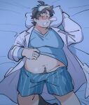  1boy bara boxers bulge drooling erection erection_under_clothes facial_hair fat fat_man from_above glasses highres labcoat large_pectorals lying male_focus male_underwear manboobs merchandise midriff_peek mouth_drool navel navel_hair neroli_(pokemon) on_back on_bed pectorals pokemon_sleep precum precum_through_clothes round_eyewear saturday_(hokawazu) short_hair sleeping snorlax solo stubble thick_eyebrows underwear wet_dream 