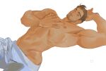  1boy armpits bara beard clothes_pull facial_hair feet_out_of_frame groin horikwawataru large_pectorals lying male_focus muscular muscular_male nipples on_back original pants pants_pull pectorals short_hair sideburns solo stomach stubble thick_eyebrows topless_male unfinished 