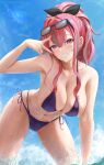  1girl amano_kusatsu azur_lane bikini black_bikini blue_sky breasts bremerton_(azur_lane) commentary_request day eyewear_on_head grin gyaru highres large_breasts leaning_forward looking_at_viewer mole mole_on_breast mole_under_eye multicolored_hair navel navel_piercing outdoors piercing pink_eyes pink_hair ponytail sky smile solo streaked_hair sunglasses swimsuit teeth thighs v_over_eye wading water wavy_hair 