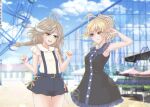  2girls :d ahoge amusement_park andou_tazusa arm_at_side arm_up armpits assault_lily bare_arms bare_shoulders bear_hair_ornament bench black_dress black_shorts blonde_hair blue_ribbon blue_sky blurry blurry_background blush braid breasts bubble building buttons carousel chromatic_aberration clenched_hands closed_mouth clothes_writing cloud commentary_request cross-laced_clothes cross-laced_shorts day dress ferris_wheel frilled_dress frilled_sleeves frills grey_hair hair_ornament hair_ribbon hand_up hands_up highres jewelry long_hair looking_at_another low_twin_braids low_twintails medium_breasts medium_hair multicolored_hair multicolored_ribbon multiple_girls neck_ribbon necklace official_alternate_hairstyle open_mouth orange_ribbon outdoors parasol pendant ponytail red_eyes red_ribbon ribbon ring roller_coaster sasaki_ran shirt short_sleeves shorts sky sleeveless sleeveless_dress smile sparkle standing streaked_hair striped striped_ribbon suspender_shorts suspenders teeth twin_braids twintails umbrella upper_teeth_only w_arms white_ribbon white_shirt wristband yajiuma_no_jesse yellow_eyes 