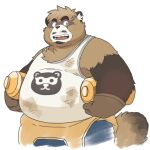  2023 anthro beard belly big_belly brown_body brown_fur canid canine clothing crave_saga facial_hair fur garouzuki hi_res humanoid_hands kemono male mammal overweight overweight_male pong_(crave_saga) raccoon_dog shirt simple_background solo tanuki topwear 