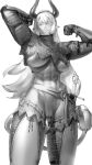 1girl abs absurdres armor blush breasts chainmail covering covering_crotch cow_horns cowboy_shot cuisses fake_horns grin highres horns large_breasts long_hair long_sleeves looking_at_viewer medieval monochrome muscular muscular_female navel original puffy_nipples pussy see-through smile sword wassnonnam weapon 