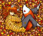 2014 animal_humanoid autumn autumn_leaves bottomwear canid canid_humanoid clothed clothing ear_piercing female footwear fox_ears fox_tail freckles fredrin hair hi_res humanoid inner_ear_fluff komugiko_(megatokyo) looking_at_viewer lying mammal mammal_humanoid marker_(artwork) medium_hair megatokyo on_side open_mouth orange_eyes orange_hair pants pattern_clothing pattern_topwear piercing plaid plaid_clothing plaid_topwear smile smiling_at_viewer snaggle_tooth socks solo topwear traditional_media_(artwork) tuft 