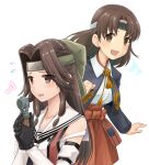  2girls black_gloves black_jacket black_neckerchief blush brown_eyes brown_hair chiyoda_(kancolle) collarbone collared_shirt eighth_note gloves hair_intakes hakama half_updo highres holding jacket japanese_clothes jintsuu_(kancolle) jintsuu_kai_ni_(kancolle) kantai_collection long_hair multiple_girls musical_note neckerchief open_clothes open_jacket open_mouth red_hakama sailor_collar saitou_sakae school_uniform serafuku shirt short_hair simple_background smile white_background white_sailor_collar white_shirt 