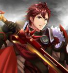  1boy black_gloves cape clenched_teeth commentary_request diamant_(fire_emblem) fire_emblem fire_emblem_engage fur_trim gloves highres holding holding_sword holding_weapon kakiko210 male_focus red_cape red_eyes red_hair short_hair solo sword teeth upper_body weapon 