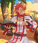  1boy book cactus desert fighting fire fire_emblem fire_emblem_engage fireball highres holding holding_book magic mikami orange_hair palm_tree pandreo_(fire_emblem) priest pyrokinesis robe sand smile tree white_robe yellow_eyes 