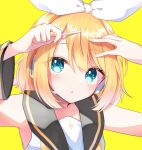  1girl :o adjusting_hair blonde_hair blue_eyes bow hair_bow headset kagamine_rin mani_(manidrawings) portrait sailor_collar short_hair simple_background solo treble_clef vocaloid white_bow yellow_background 