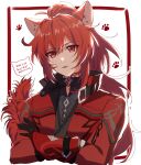  1boy animal_ears black_gloves cat_ears coat diluc_(genshin_impact) diluc_(red_dead_of_night)_(genshin_impact) genshin_impact gloves hair_between_eyes highres jacket long_hair male_focus ponytail red_coat red_eyes red_hair red_jacket simple_background tongue tongue_out white_background yuu_(mboj_fdk) 