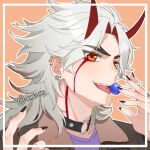  1boy alternate_costume arataki_itto black_nails brown_jacket candy collar earrings food genshin_impact grey_hair highres horns jacket jewelry lollipop long_hair oni_horns orange_background orange_eyes sheishii tongue tongue_out 