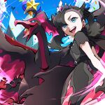  1girl arm_behind_back asymmetrical_bangs ayo_(ayosanri009) bangs black_dress black_gloves black_hair blue_eyes dress earrings embers eyelashes galarian_moltres gloves green_eyes jewelry marnie_(champion)_(pokemon) marnie_(pokemon) official_alternate_costume open_mouth pokemon pokemon_(creature) pokemon_(game) pokemon_masters_ex short_sleeves teeth tiara tongue tongue_out twintails upper_teeth_only 