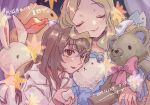  2019 2girls blonde_hair brown_eyes brown_hair closed_eyes closed_mouth dated enjouji_reika ensemble_girls! facing_viewer hisayoshi_(hisa) long_hair looking_at_viewer multiple_girls natsuno_yuri one_eye_closed pajamas smile stuffed_animal stuffed_rabbit stuffed_toy teddy_bear translation_request wavy_hair 