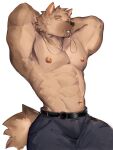  2023 3:4 abs anthro belt biped black_nose blue_bottomwear blue_clothing blue_pants bottomwear brown_body brown_fur canid canine canis clothed clothing digital_drawing_(artwork) digital_media_(artwork) domestic_dog fur hi_res male mammal muscular muscular_anthro muscular_male object_in_mouth p7ywirzyw8lesuc pants pecs simple_background solo topless whistle_(object) white_background yellow_eyes 