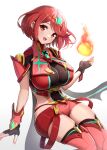  absurdres bangs black_gloves breasts chest_jewel circlet cleavage earrings fingerless_gloves fire gloves gonzarez highres jewelry large_breasts looking_at_viewer open_mouth pyra_(xenoblade) red_eyes red_hair short_hair short_shorts shorts smile solo star_(symbol) star_earrings thighhighs thighs xenoblade_chronicles_(series) xenoblade_chronicles_2 