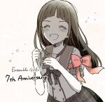  1girl anniversary aoi_(kirameitetegomen) blush closed_eyes copyright_name ensemble_girls! facing_viewer greyscale kimisaki_school_uniform long_hair monochrome open_mouth pink_ribbon plaid plaid_skirt ribbon school_uniform short_sleeves skirt solo star_(symbol) tsurumi_himari white_background 