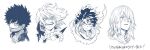  4boys :d bangs bead_necklace beads boku_no_hero_academia burn_scar character_request closed_mouth collarbone cropped_shoulders dabi_(boku_no_hero_academia) frown greyscale grin jewelry male_focus mask mask_removed matsuya_(pile) medium_hair messy_hair midoriya_izuku monochrome mouth_mask multiple_boys necklace open_mouth scar scarf serious shigaraki_tomura short_hair smile spiked_hair teeth torn_scarf translation_request 
