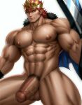  1boy abs absurdres ai_generated bara blue_eyes completely_nude crown dark-skinned_male dark_skin erection feet_out_of_frame highres jewelry large_pectorals looking_at_viewer male_focus male_pubic_hair muscular muscular_male navel navel_hair necklace nipples nude pectorals penis pubic_hair red_hair short_hair sideburns solo stable_diffusion stomach testicles thick_thighs thighs uncensored veins veiny_penis 