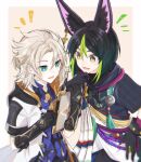  2boys albedo_(genshin_impact) animal_ear_fluff animal_ears aqua_eyes bangs black_gloves black_hair black_pants black_shirt blue_hoodie blue_shirt blush border commentary_request crystal earrings elbow_gloves fox_boy fox_ears gem genshin_impact gloves green_gemstone green_hair grey_hair hair_between_eyes hand_on_hip hand_on_own_face hand_up hands_up highres holding holding_pen hood hoodie jewelry leaf_earrings looking_to_the_side male_focus mandarin_collar mizuamememe multicolored_hair multiple_boys open_clothes open_hoodie open_mouth outside_border pants pen pink_background ponytail red_gemstone shirt short_hair short_ponytail short_sleeves simple_background single_earring smile standing striped striped_shirt tassel teeth tighnari_(genshin_impact) tongue two-tone_hair vision_(genshin_impact) white_border white_hoodie writing 