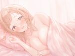  1girl armpits blanket blush breasts cleavage collarbone completely_nude covered_nipples gameso highres idolmaster idolmaster_shiny_colors large_breasts light_brown_hair looking_at_viewer lying nude on_bed on_side pillow pink_blanket pov_across_bed sakuragi_mano smile solo straight_hair 