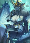  absurd_res anthro armor big_breasts blush breasts clothed clothing dragon eguchi_tumoru female hair headgear helmet hi_res horn looking_at_viewer scalie smile solo wings 