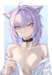  1girl absurdres ahoge animal_collar animal_ear_fluff animal_ears bangs black_collar blue_background breasts cat_ears cat_girl closed_mouth collar collarbone crossed_bangs expressionless hair_between_eyes highres hololive jamsubu large_breasts looking_at_viewer nekomata_okayu no_bra off_shoulder purple_eyes purple_hair purple_nails shirt short_hair simple_background solo two-tone_background upper_body virtual_youtuber white_background white_shirt 