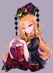  1girl black_dress black_headwear breasts chinese_clothes cleavage cleavage_cutout closed_mouth clothing_cutout dress grey_background highres junko_(touhou) large_breasts long_hair long_sleeves one-hour_drawing_challenge orange_hair phoenix_crown raptor7 red_eyes simple_background smile solo tabard touhou upper_body wide_sleeves 