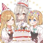  3girls :3 :t ^_^ aleah aqua_bow birthday blonde_hair blue_eyes bow cake candle closed_eyes commentary eating food food-themed_hat food_on_face grey_hair half_updo hanagata happy_birthday hat heart juliet_sleeves licking_lips lilly_lillium long_sleeves may_(watashi_no_oshi_wa_akuyaku_reijou) multiple_girls party_hat puffy_sleeves purple_bow red_bow red_eyes smile sparkle star_(symbol) striped striped_headwear sunglasses symbol-only_commentary tongue tongue_out watashi_no_oshi_wa_akuyaku_reijou 