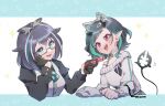  2girls 774_inc. :d animal_ears animare bangs black_gloves black_hair blue_eyes blue_hair blush breasts cat_ears ciao_churu commentary_request demon_girl demon_horns demon_tail fake_animal_ears fang fishnets flat_chest glasses gloves grey_sweater grey_wings hair_ornament hairclip half_gloves head_wings highres horns kuzuhana long_sleeves looking_to_the_side medium_breasts medium_hair multicolored_hair multiple_girls official_alternate_costume open_mouth oura_rukako pet_food pointy_ears rectangular_eyewear red_eyes semi-rimless_eyewear shishio_chris single_bare_shoulder skin_fang smile streaked_hair sugar_lyric sweater tail two-tone_hair under-rim_eyewear upper_body vest virtual_youtuber white_hair white_vest wings 